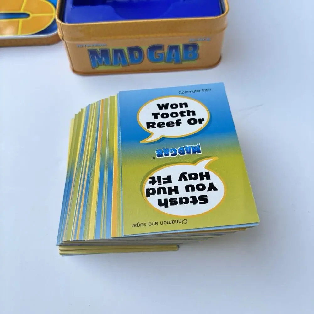 Mad Gab Game Tin COMPLETE Mattel 2004 Travel Party Game Words Humor